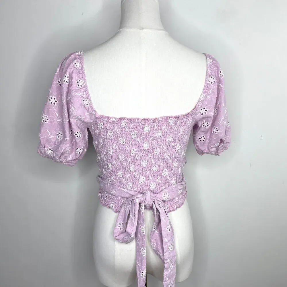 Astr Puff Sleeve Cropped Wrap Top Small Eyelet Ruched Cottage Milkmaid Linen